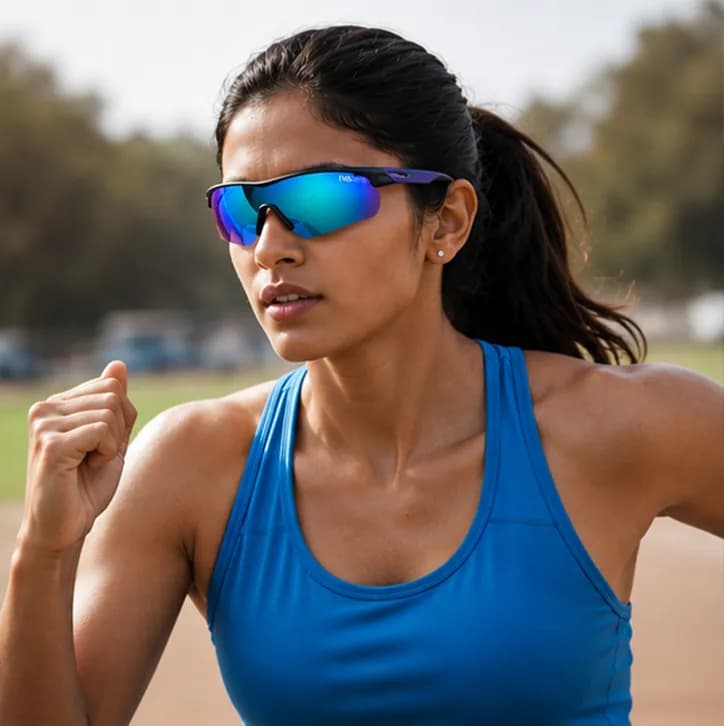 Blue mirror finish cycling sunglasses